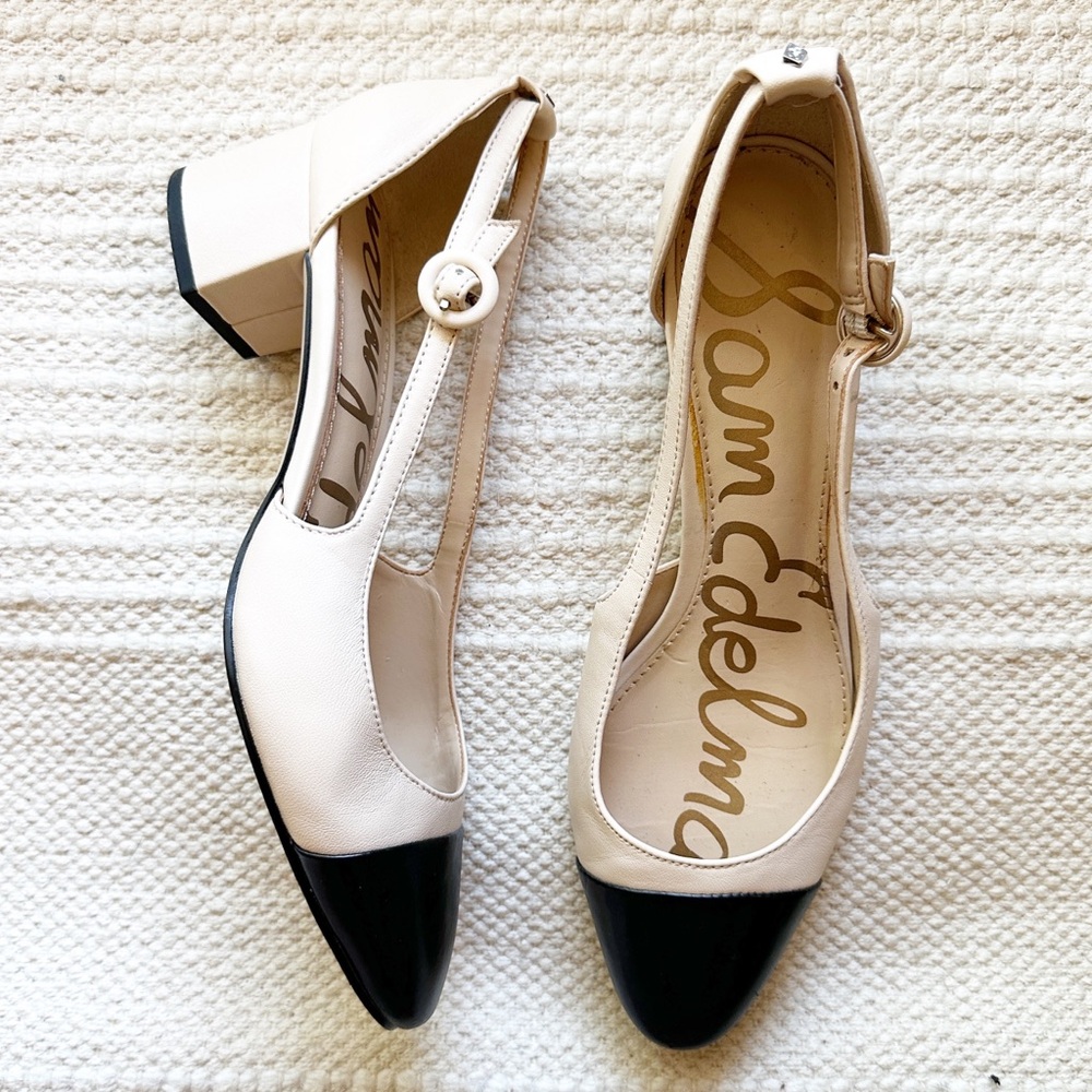 SAM EDELMAN cream and black color block leather slingback Leah block heels 7